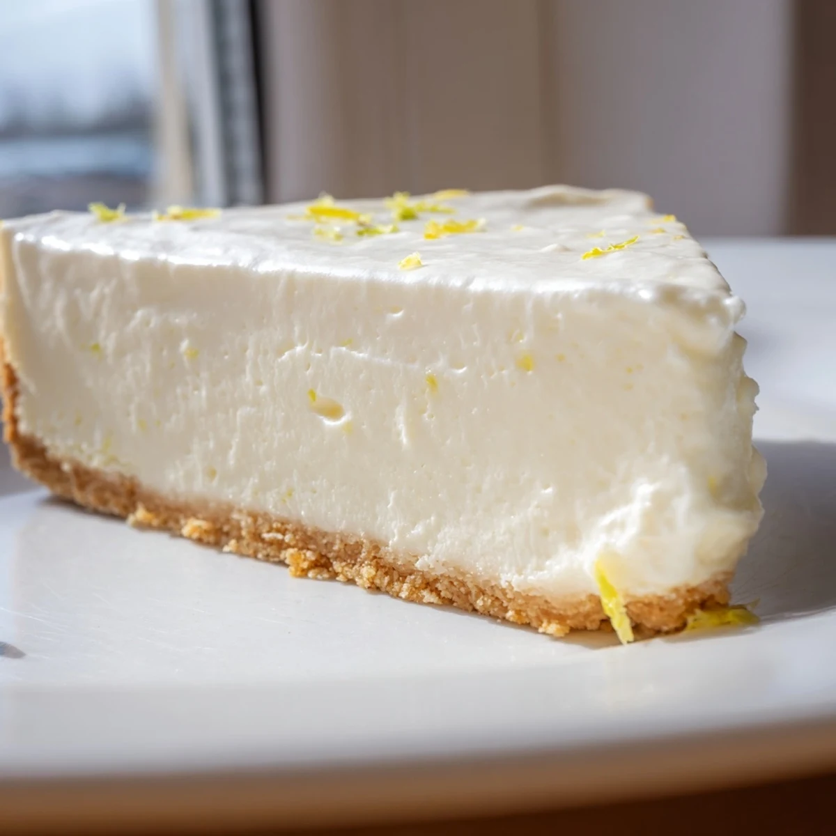 Rich Greek Yogurt Cheesecake with clean edges served chilled on a white plate, garnished with a light dusting of powdered sugar.