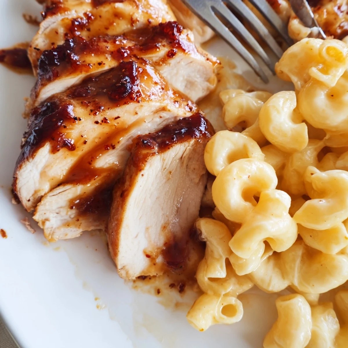 Golden-brown tender chicken glazed in sweet and spicy honey pepper sauce, served over creamy mac and cheese for a cozy American dinner.