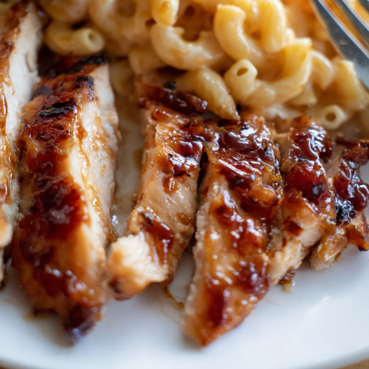 A close-up of juicy honey pepper chicken beside a bowl of rich mac and cheese, perfect for a comforting weeknight meal.