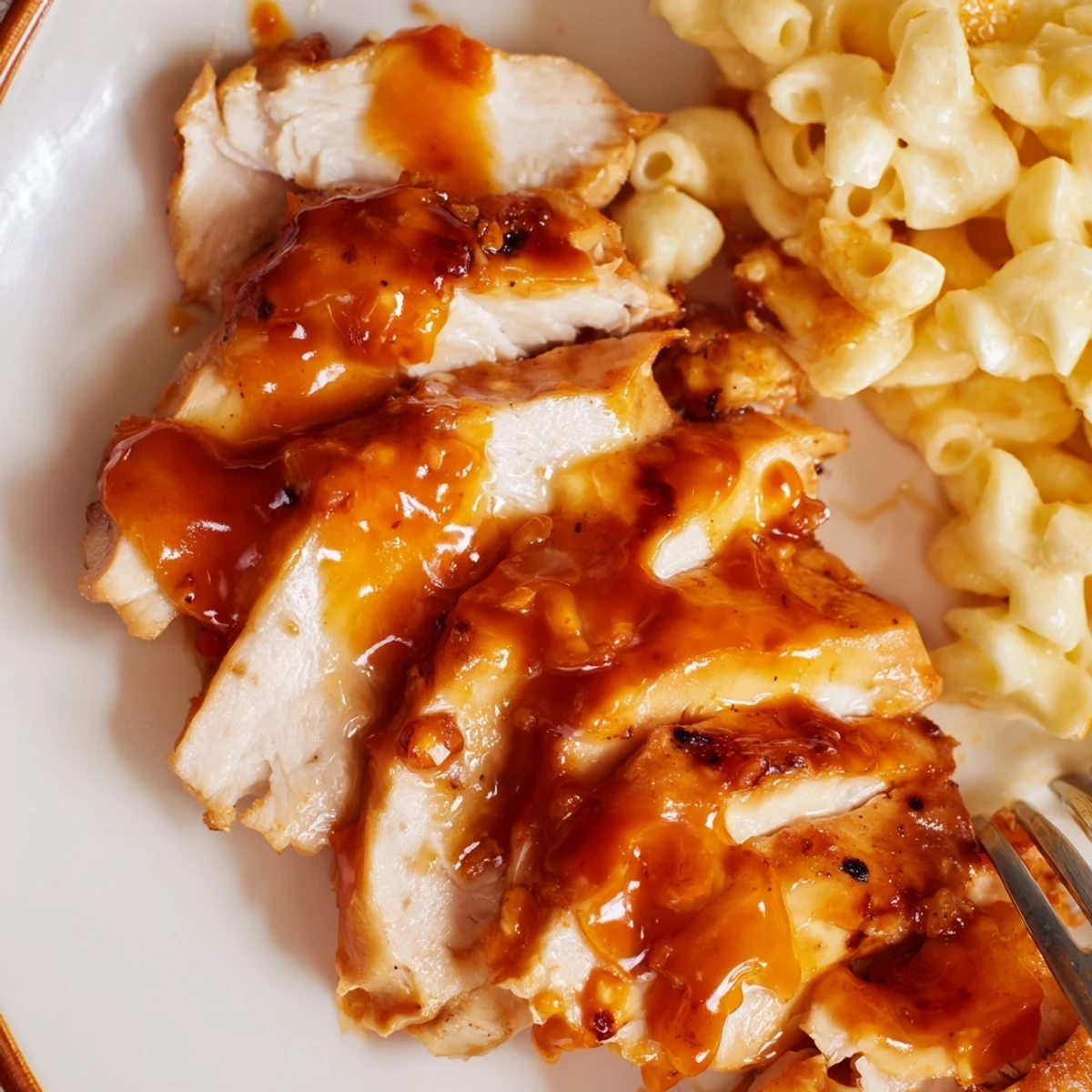 Sliced honey pepper chicken atop a bed of creamy homemade mac and cheese, garnished with fresh herbs for a family-friendly main dish.