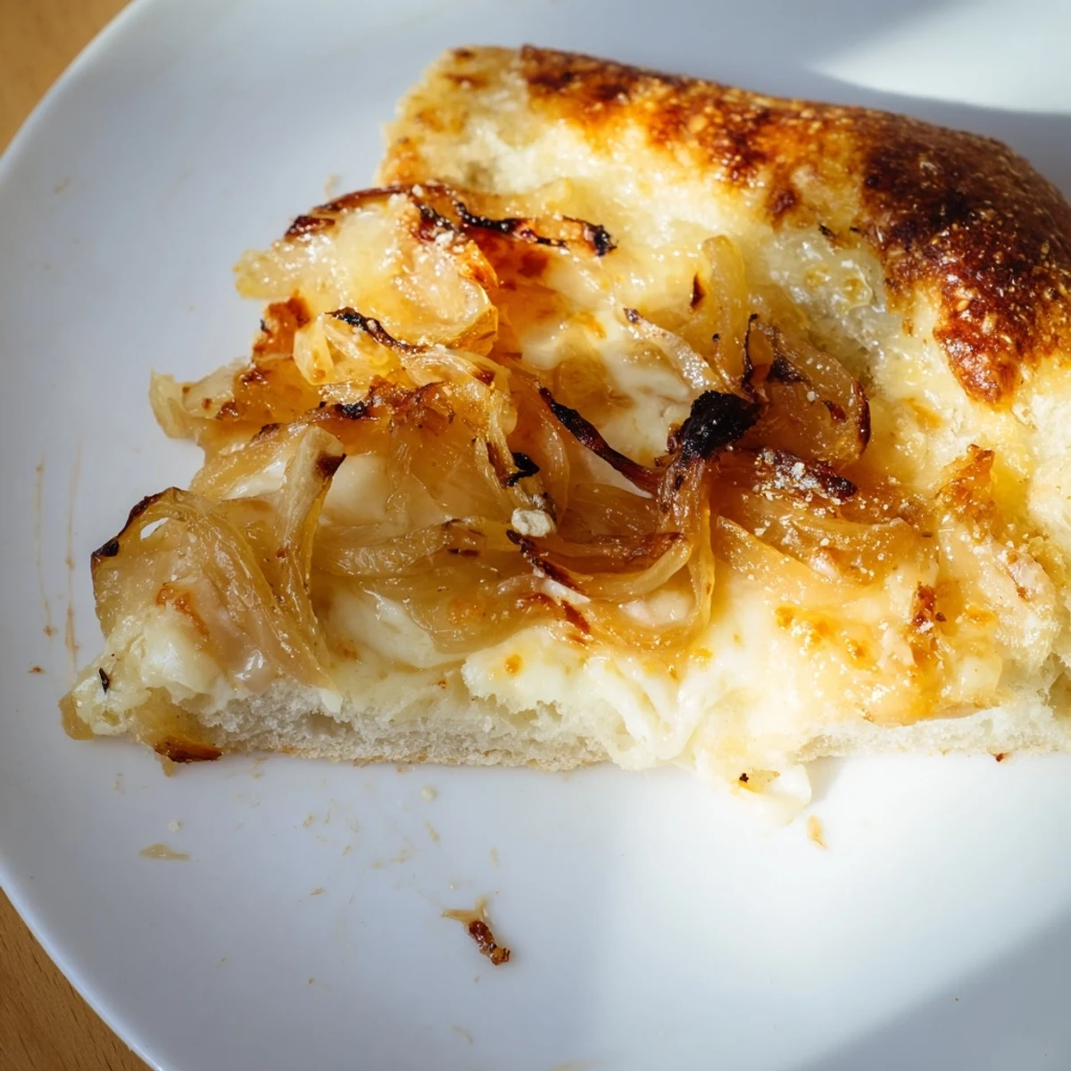 A slice of Caramelized Onion Pizza With Melty Cheese shows golden crust with bubbly cheese and sweet onions.