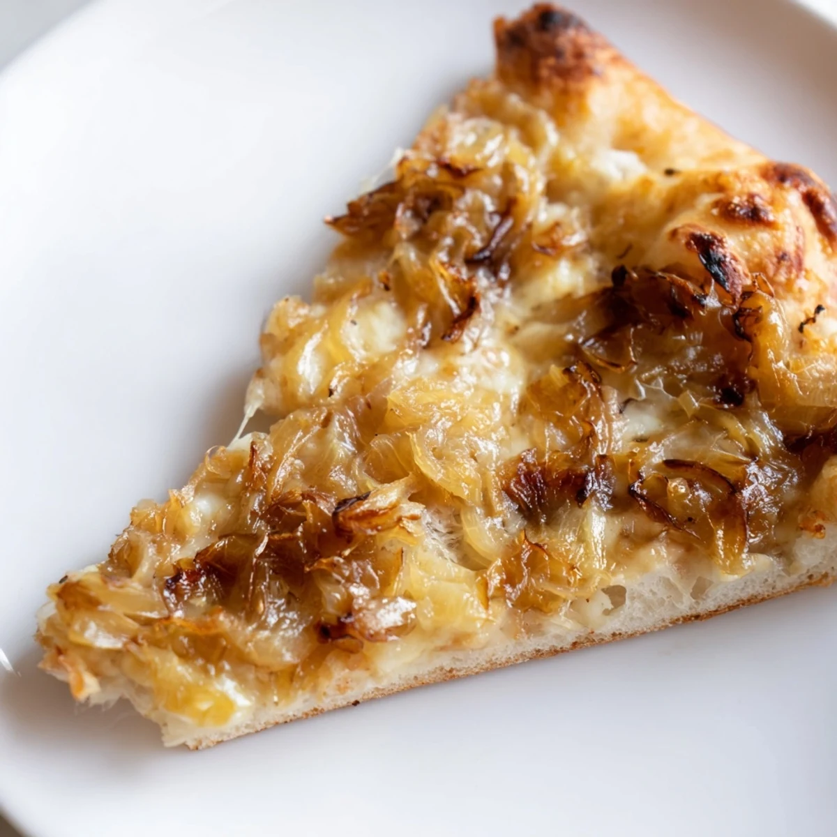 Fresh arugula garnishes this Caramelized Onion Pizza With Melty Cheese, highlighting bubbly mozzarella and caramelized onion topping.