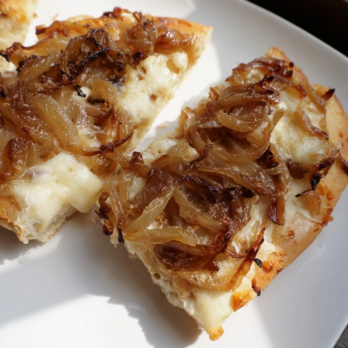 Pulled from the pan, the Caramelized Onion Pizza With Melty Cheese reveals gooey cheese and deeply caramelized onions.