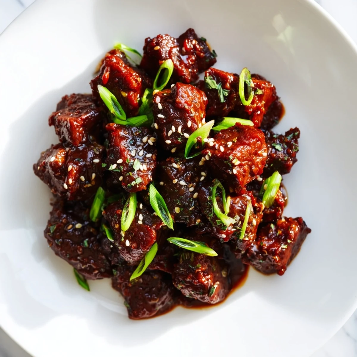 Slow-cooked Crock Pot Korean Beef simmering in a savory, sweet, and spicy sauce in the slow cooker.