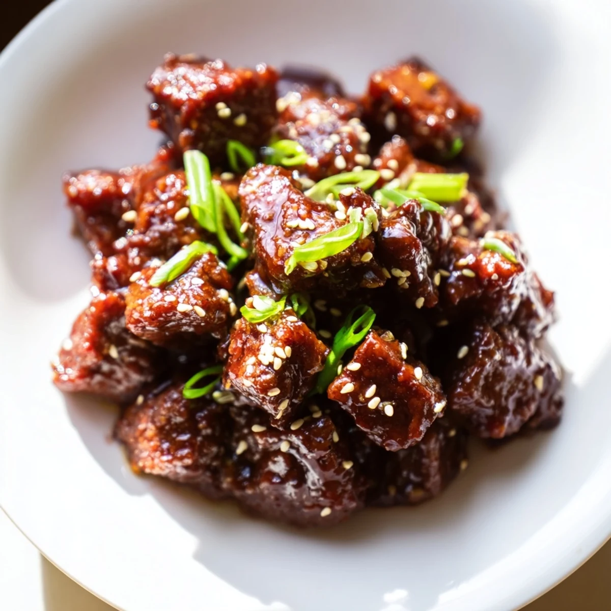 Tender Crock Pot Korean Beef served over steamed rice with fresh green onions and sesame seeds.