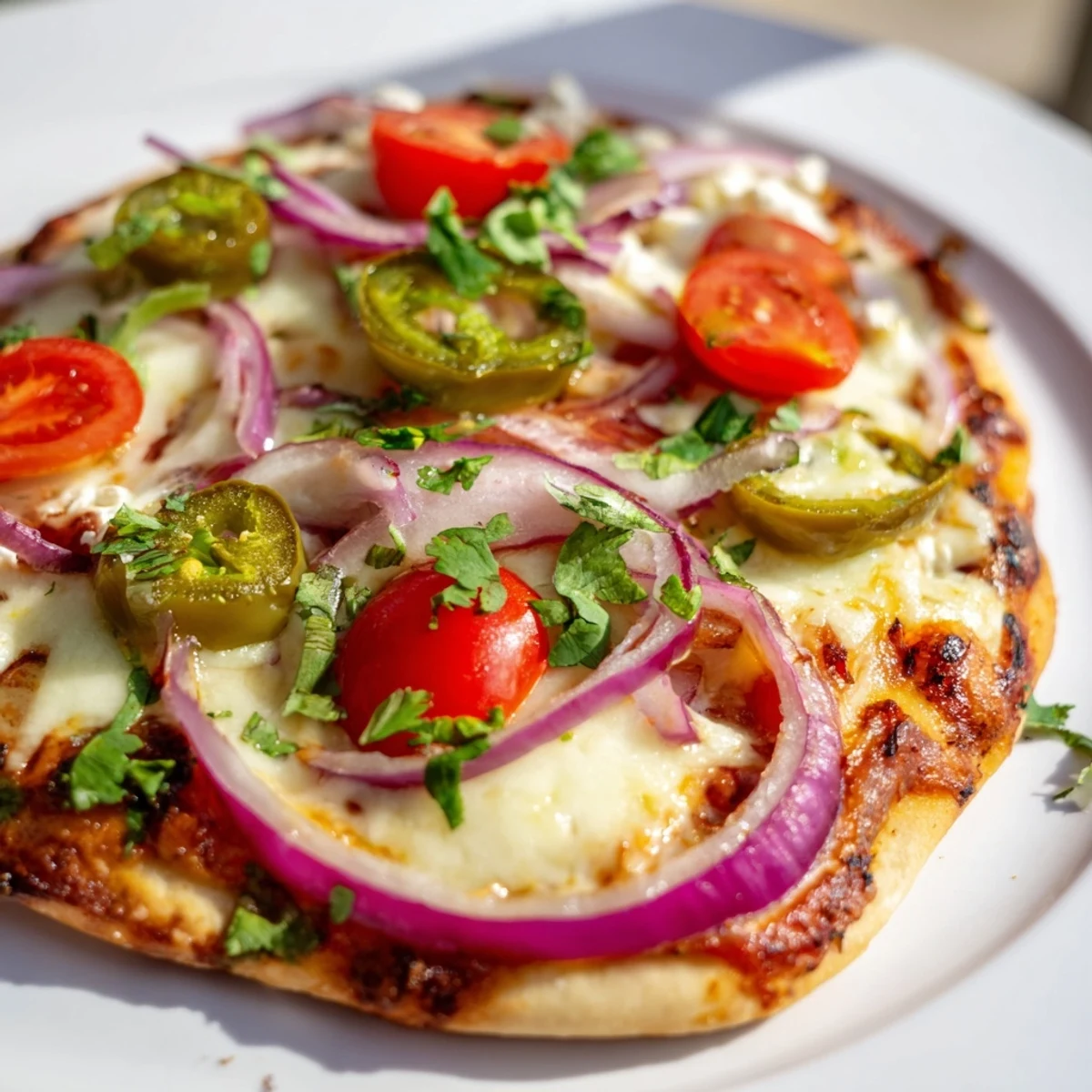 Freshly baked Sweet Heat Honey Garlic Flatbread Pizza with melted mozzarella and vibrant red onions.