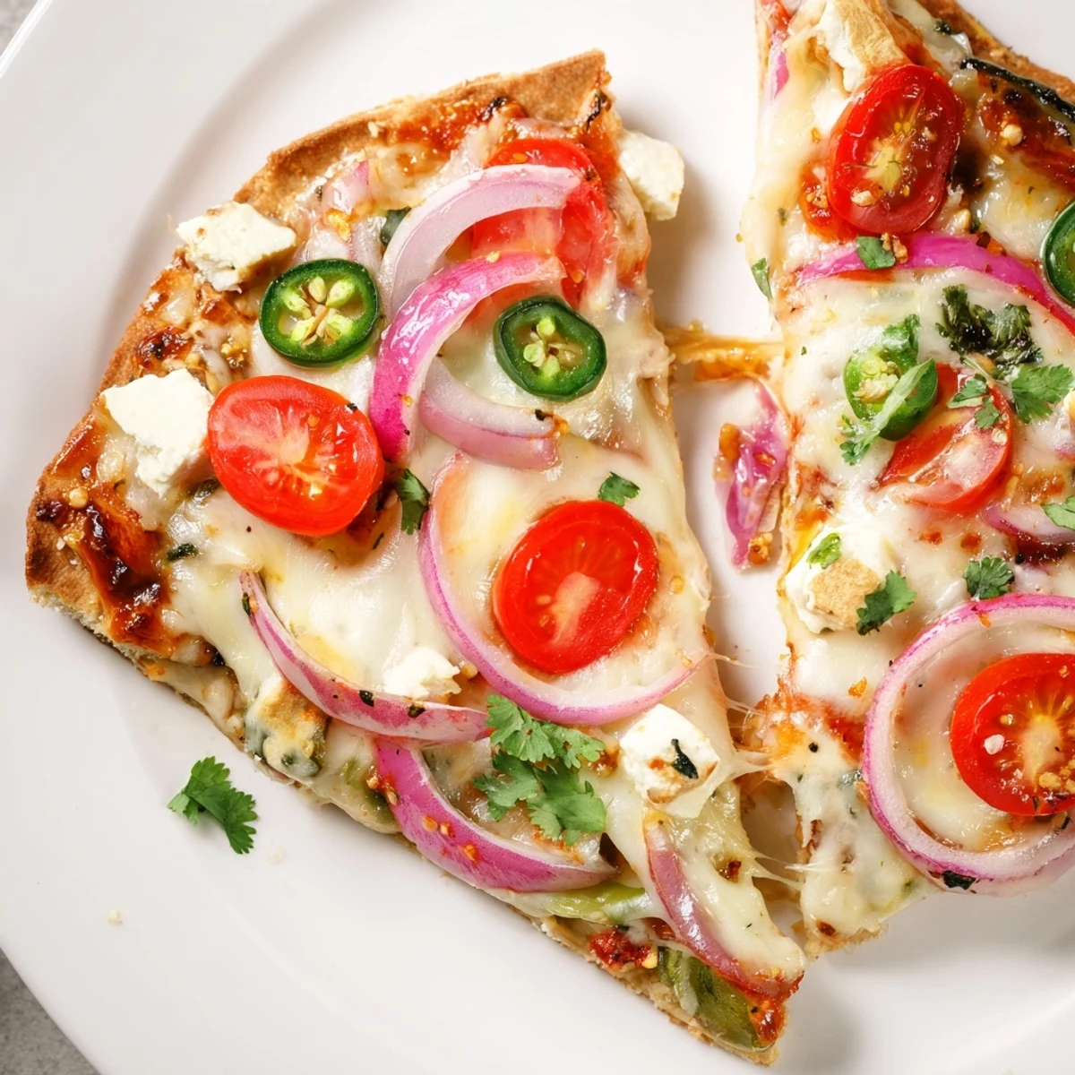 Sizzling Sweet Heat Honey Garlic Flatbread Pizza topped with spicy jalapeños and fresh cilantro garnish.