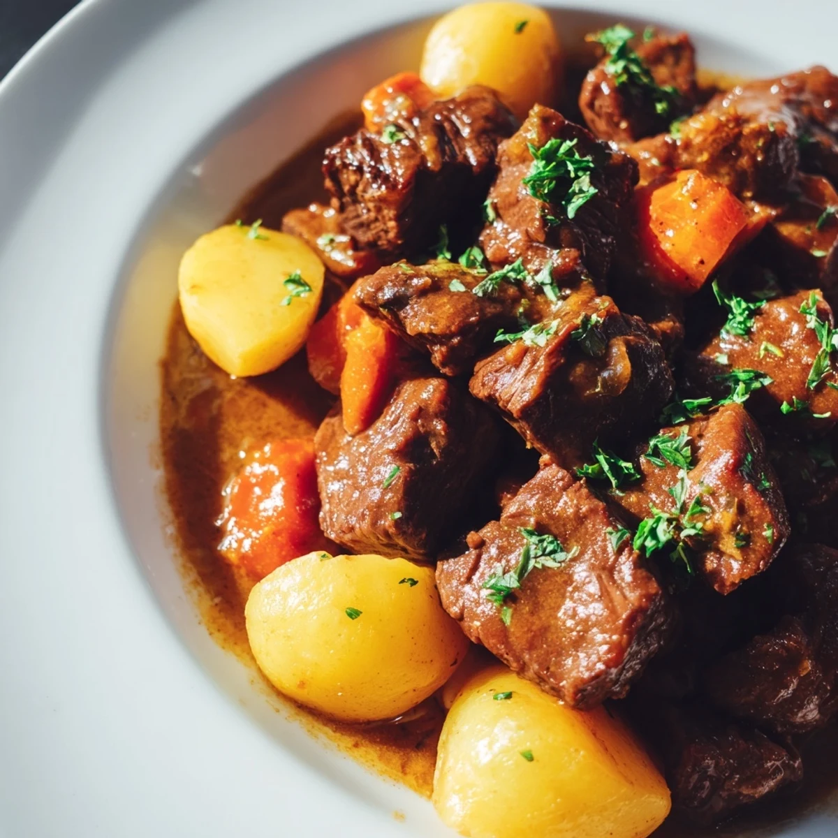 Fork-tender beef cubes in a rich garlic butter sauce with soft baby potatoes served in a rustic slow cooker.