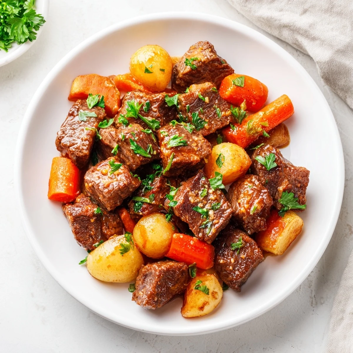 A close-up of Slow Cooker Garlic Butter Beef with Potatoes, glistening with herbs and ready to serve.