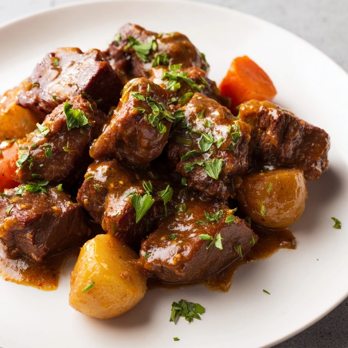 Hearty meal featuring Slow Cooker Garlic Butter Beef with Potatoes, paired with crusty bread on a wooden table.