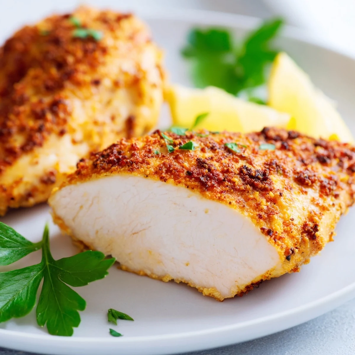 Golden-brown Oven Baked Chicken Breasts fresh from the oven, garnished with parsley and lemon wedges.