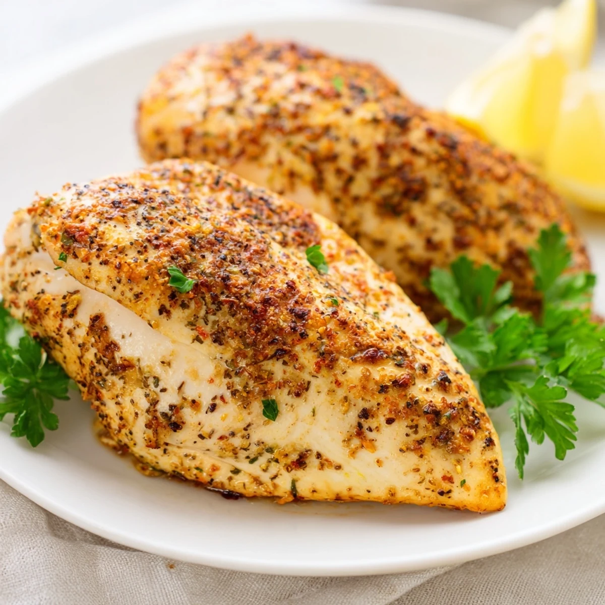 Seasoned Oven Baked Chicken Breasts on a baking sheet, showcasing a tender, juicy texture for family meals.
