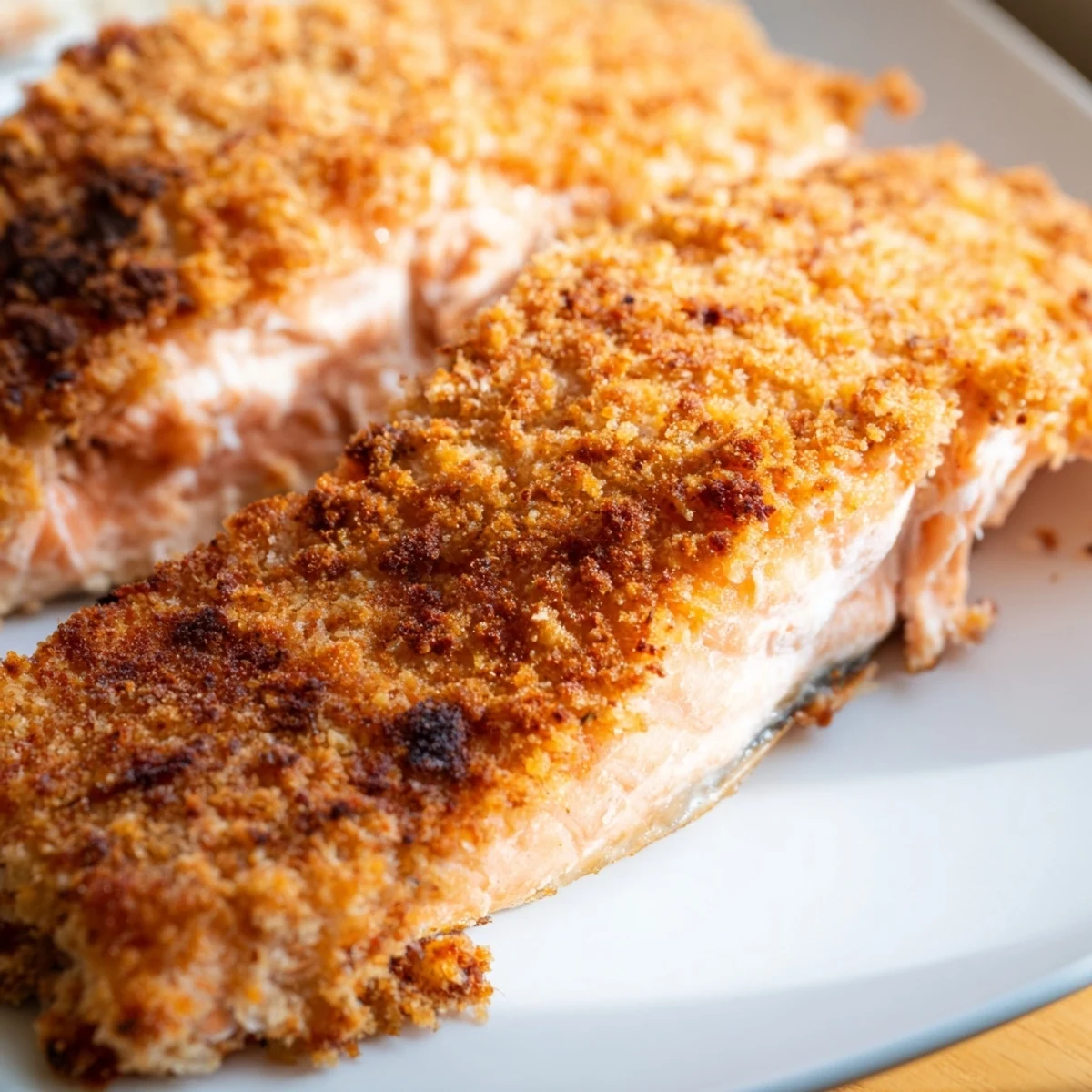Golden-baked Crispy Parmesan Salmon fillets with a crunchy, cheesy crust and fresh lemon garnish.