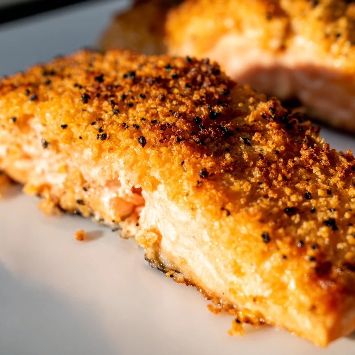 A close-up of Crispy Parmesan Salmon bake, highlighting flaky fish and bubbly golden Parmesan topping.