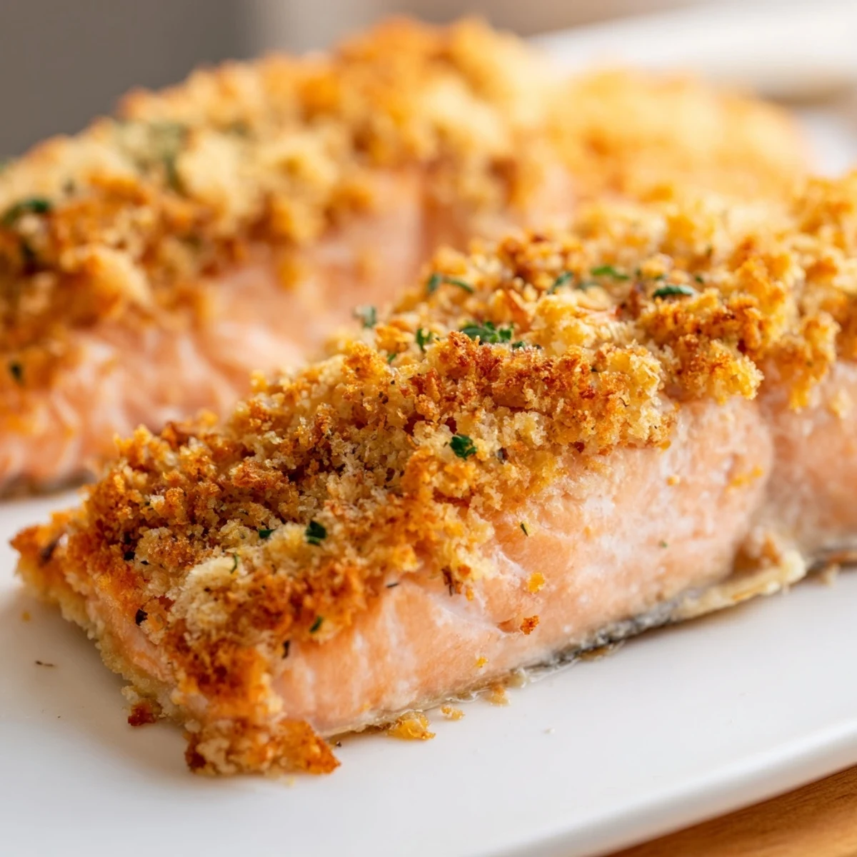 Crispy Parmesan Salmon bake ready to serve, paired with lemon wedges and a vibrant green salad.