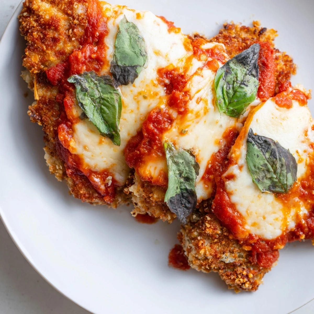 Crispy fried chicken breast topped with melted mozzarella and fresh basil on a golden crust.