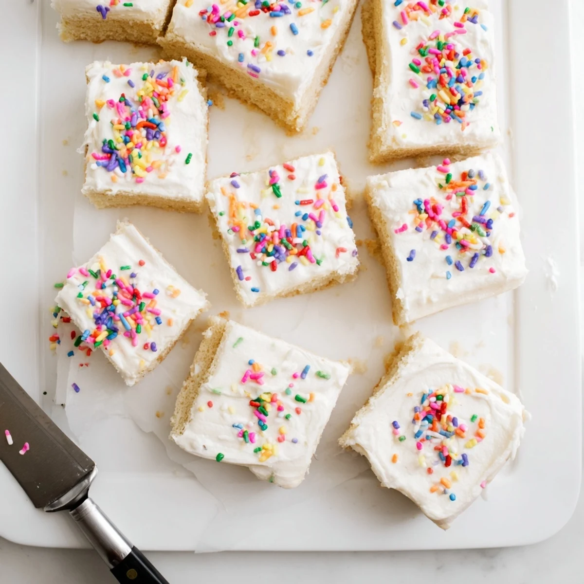A close-up of frosted Sugar Cookie Bars, adorned with colorful sprinkles, stacked neatly on a ceramic plate for a party-ready dessert.