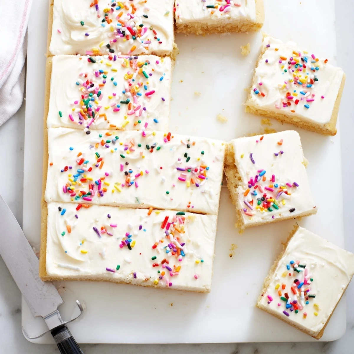 Soft, buttery Sugar Cookie Bars are sliced into squares on a marble surface, ready to be served with a glass of cold milk.