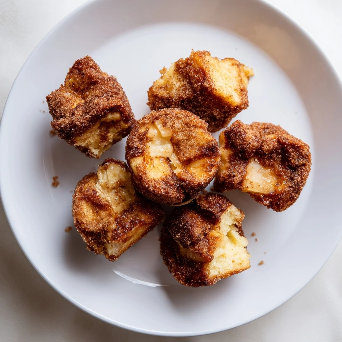 Golden-brown Cinnamon Sugar French Toast Muffins coated in sparkling sugar, served warm on a rustic plate.