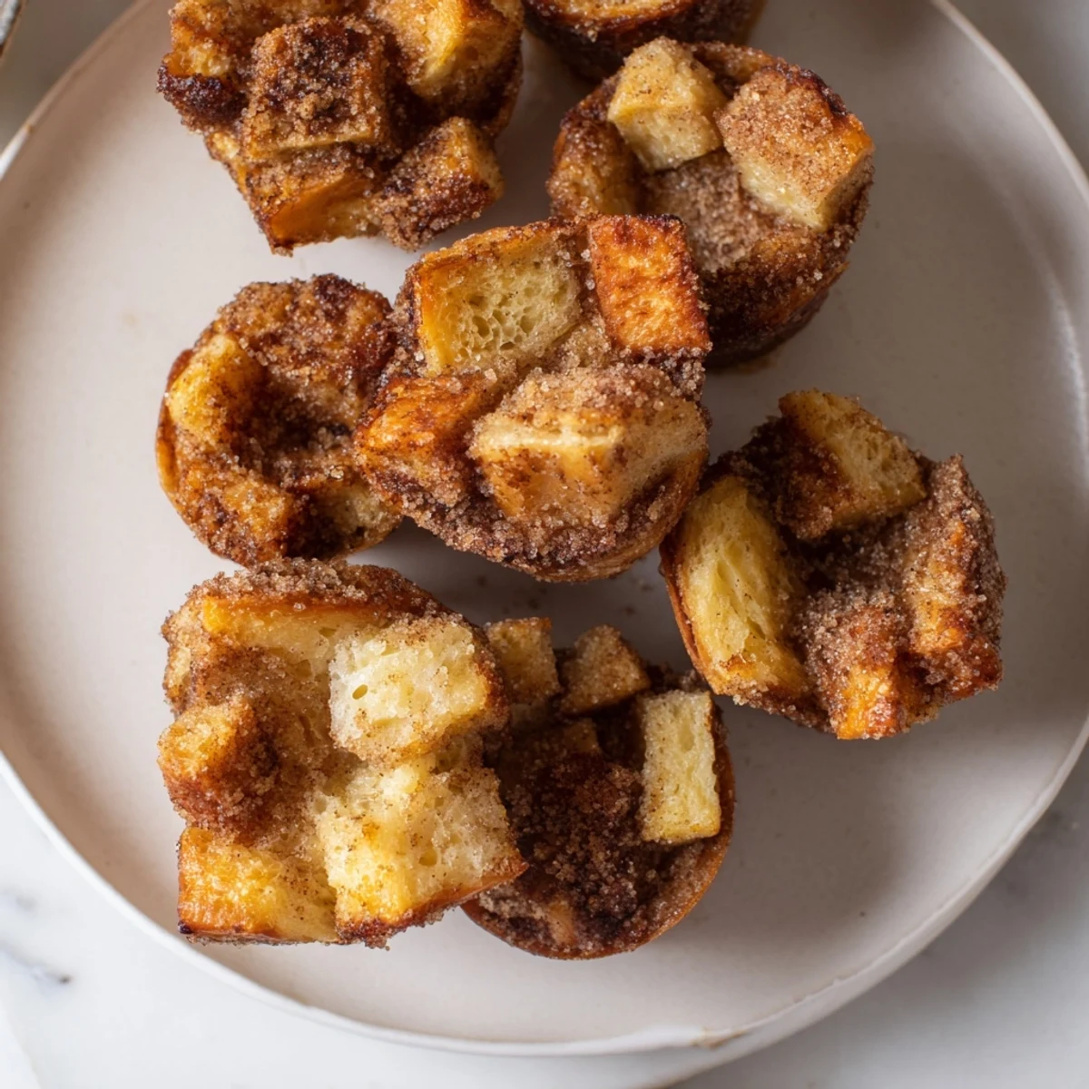 Twelve soft Cinnamon Sugar French Toast Muffins arranged on a wooden board with maple syrup nearby.