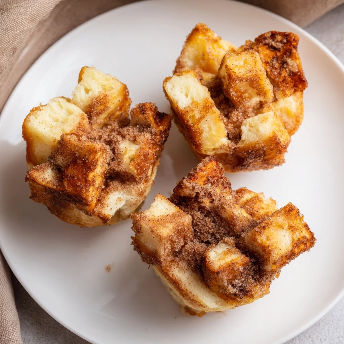 Close-up of a Cinnamon Sugar French Toast Muffin with melted butter and a drizzle of syrup.