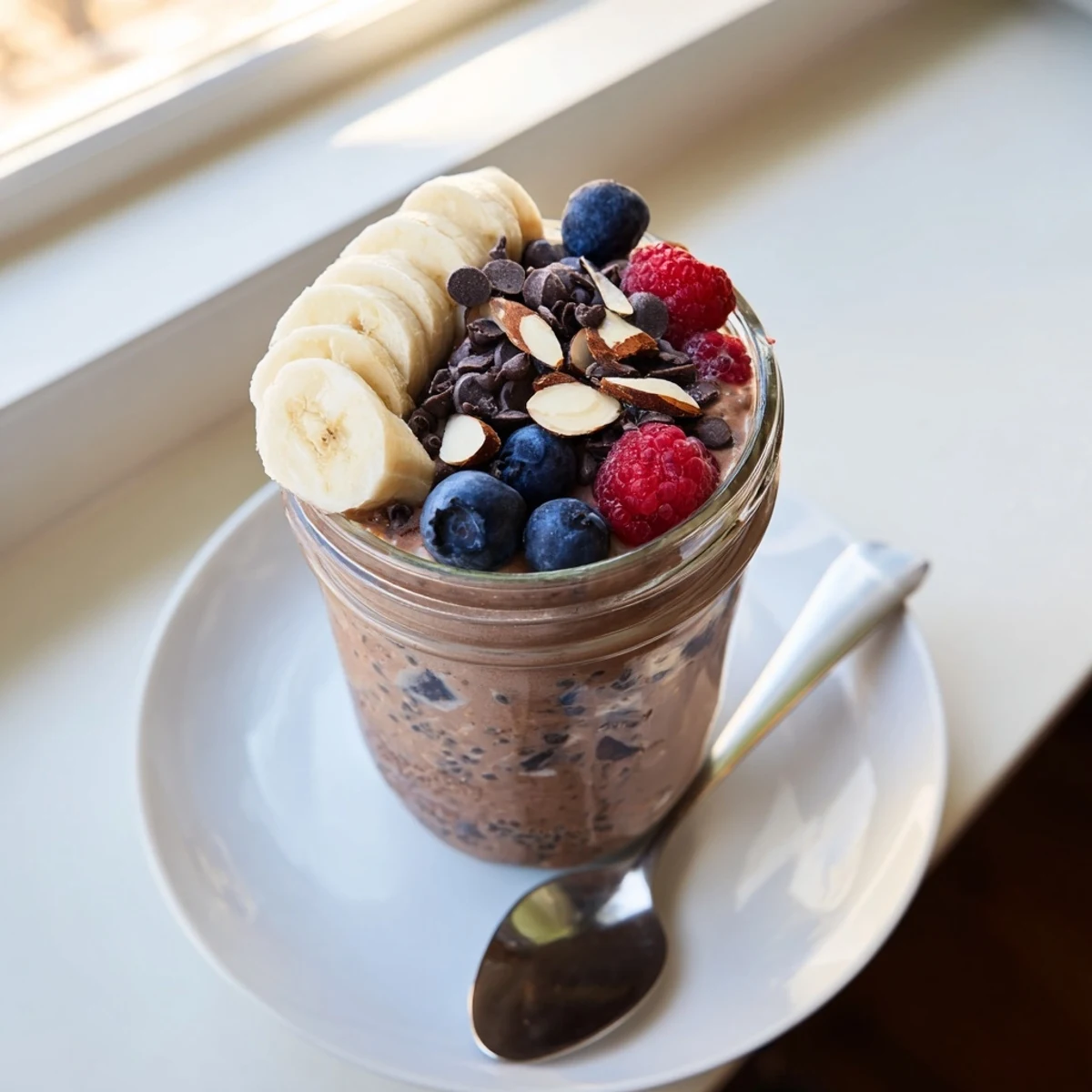 Ultimate Healthy Chocolate Overnight Oats in a jar with berries and chopped almonds.