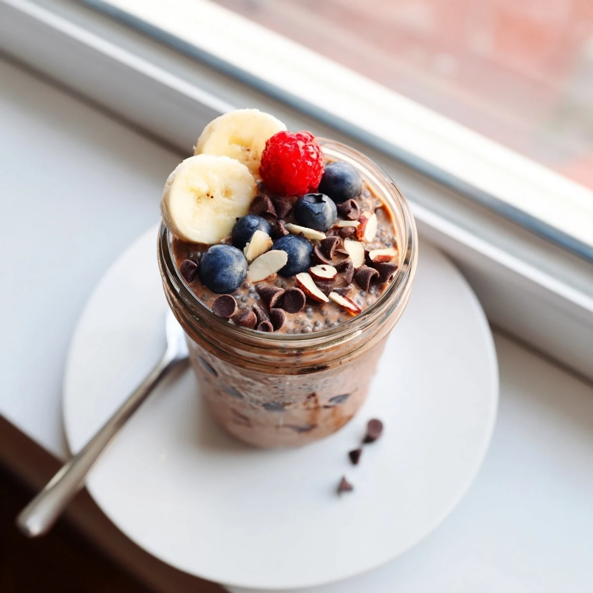 Creamy Ultimate Healthy Chocolate Overnight Oats topped with banana slices and dark chocolate chips.