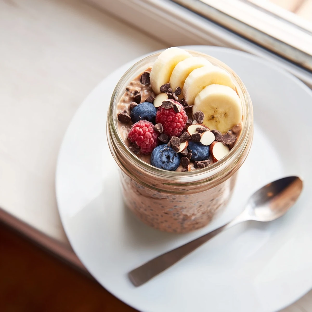 Thick chocolate overnight oats with chia seeds, ready to eat from a glass jar.