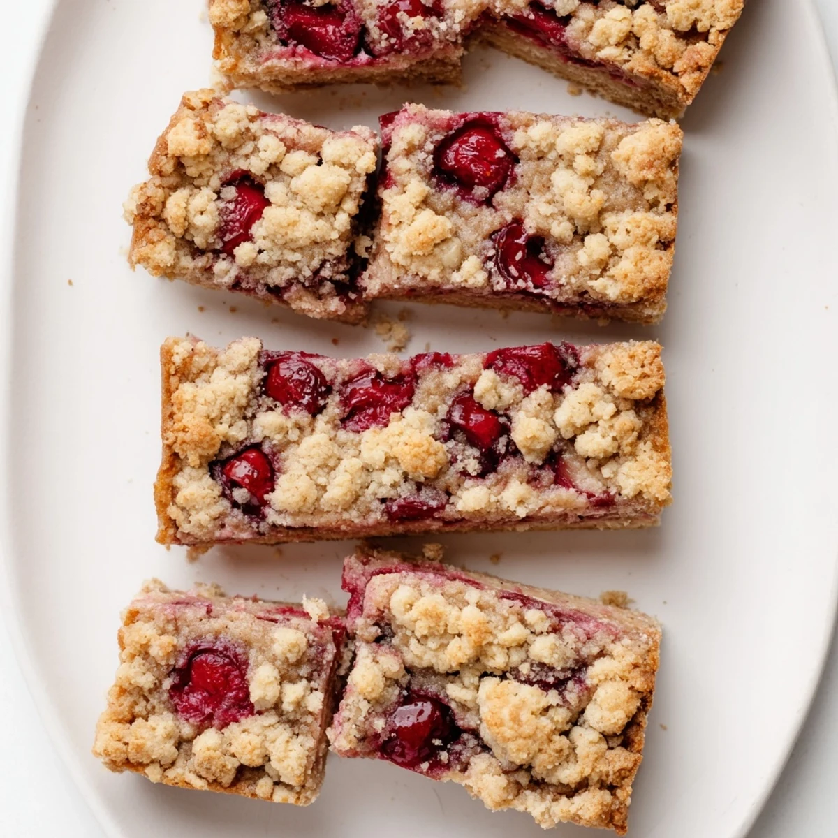 Easy Tasty Cherry Crumble Bars in a baking pan, golden brown and bubbling with red cherry filling, perfect for serving warm.