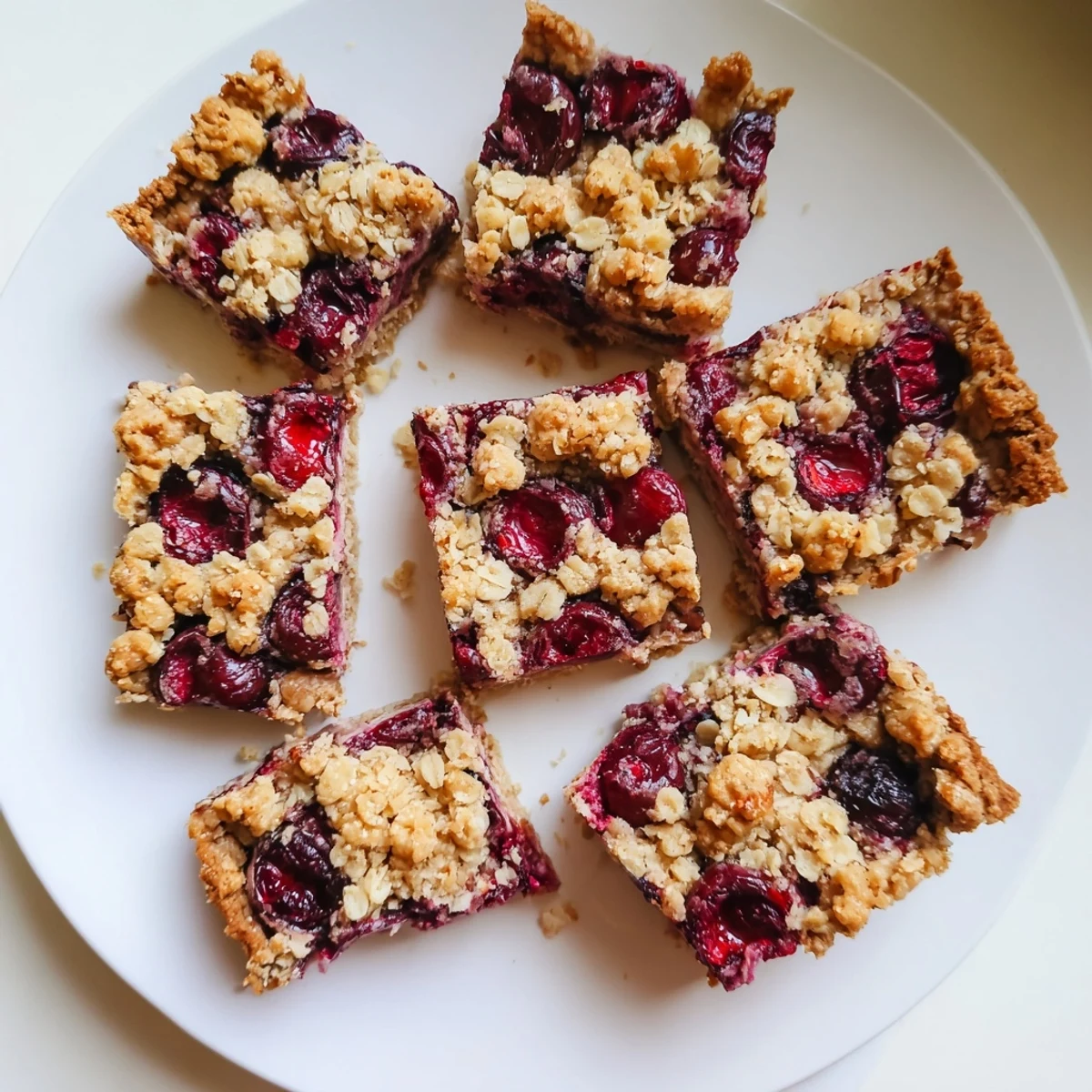 Easy Tasty Cherry Crumble Bars stacked on a plate with crumbly oat topping and juicy cherry centers, ideal for an afternoon treat.