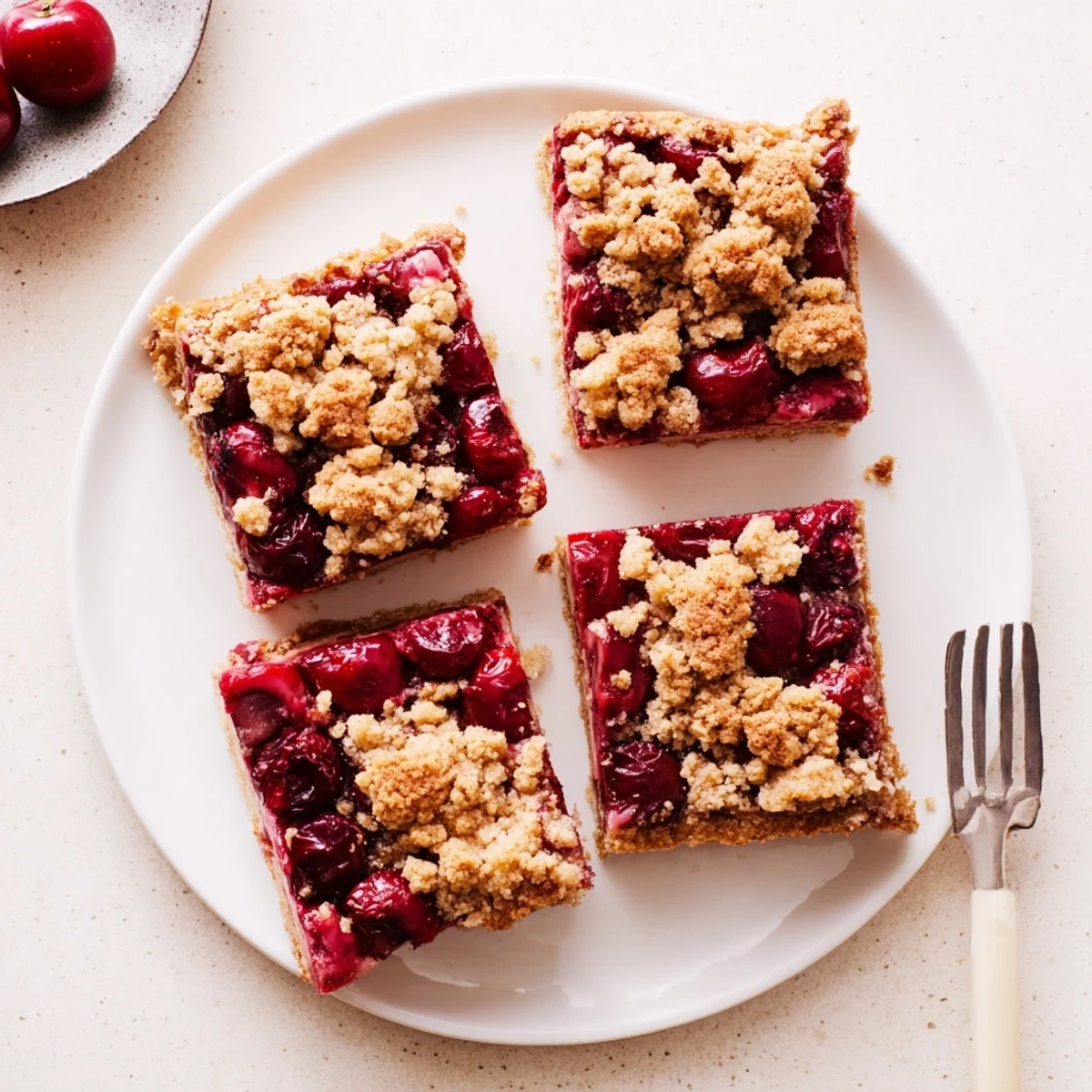 Cherry Crumble Bars sliced to show buttery crumb layers and juicy red cherry centers.
