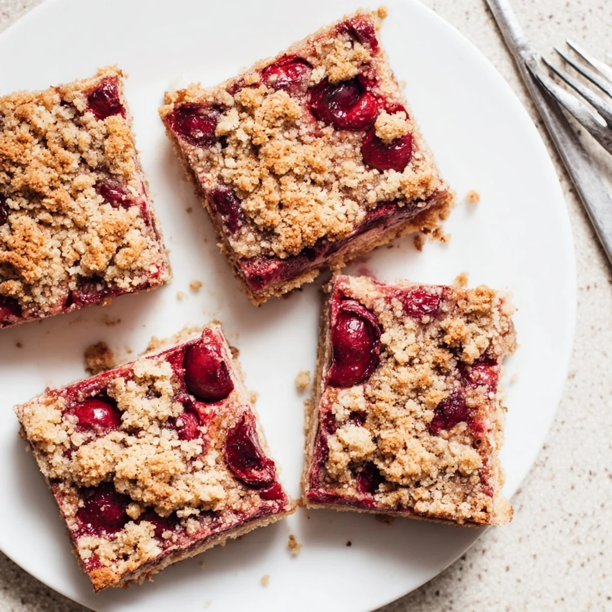 Golden-brown Cherry Crumble Bars with a bubbling sweet-tart cherry filling on a cooling rack.