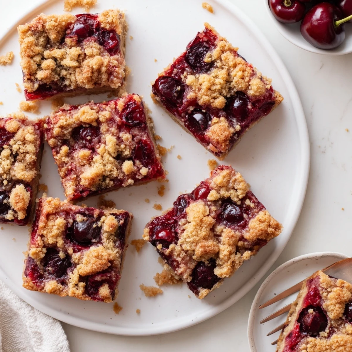 A plate of Cherry Crumble Bars served with a dollop of whipped cream for dessert.