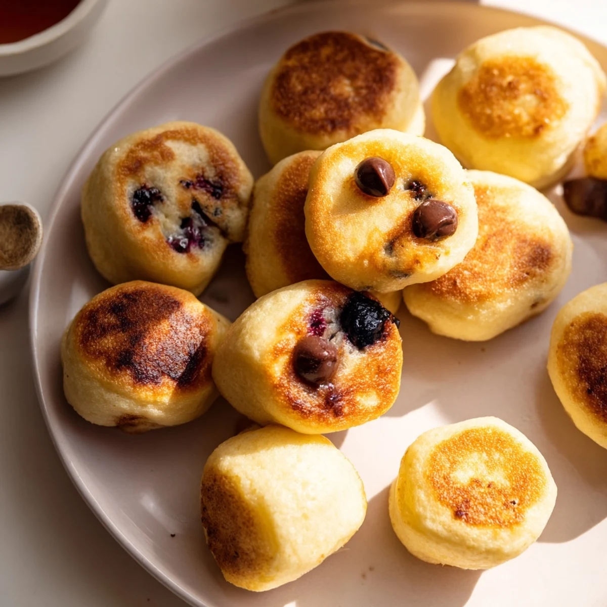 Fluffy Pancake Poppers with a golden exterior and tender center, served warm with maple syrup for dipping.