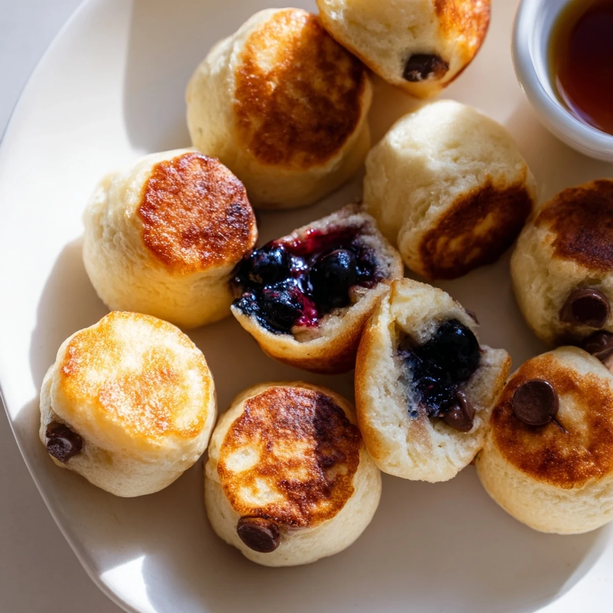 Freshly baked golden-brown Pancake Poppers stacked high with a drizzle of melted chocolate and powdered sugar.