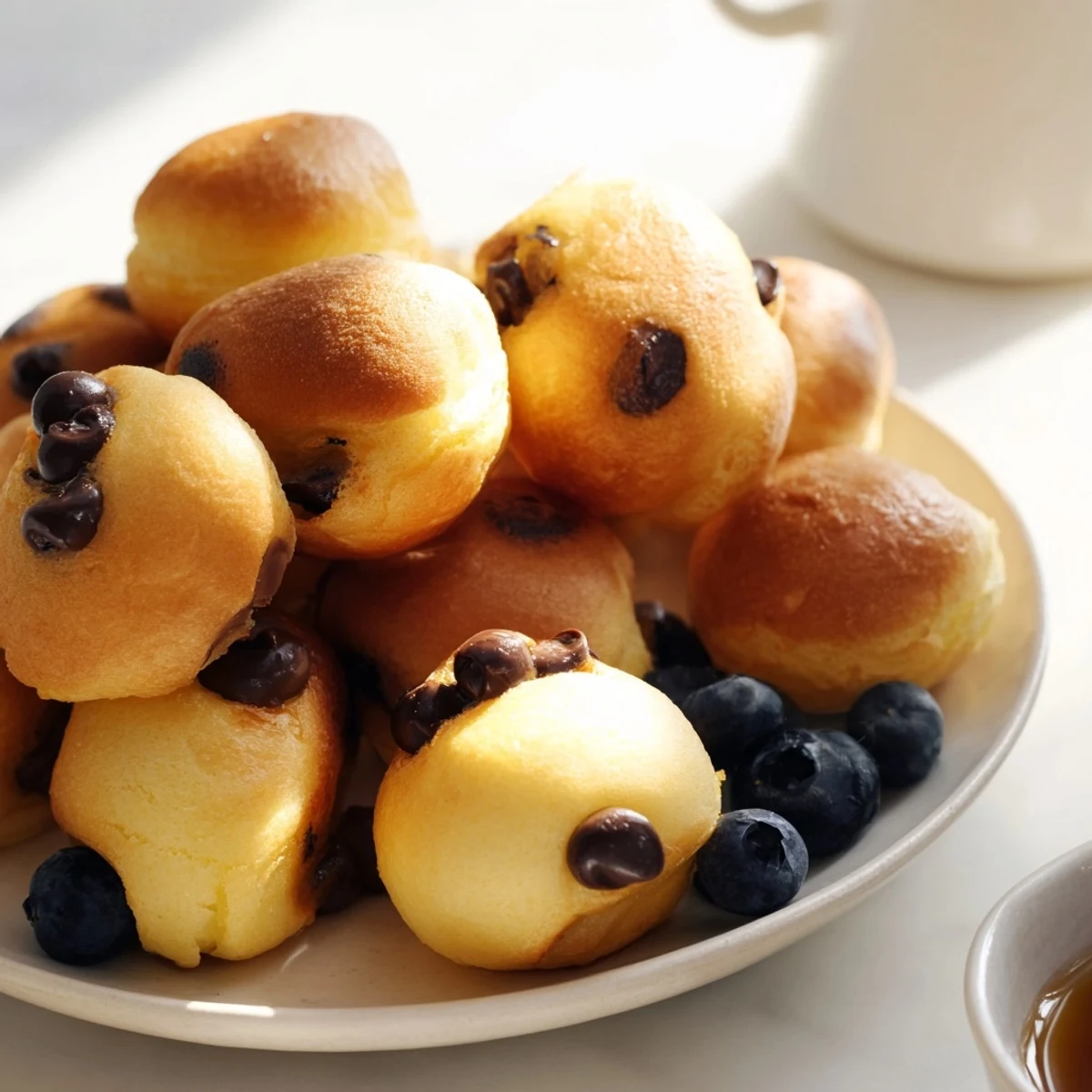 Bite-sized Pancake Poppers filled with blueberries or chocolate chips on a rustic wooden serving board.