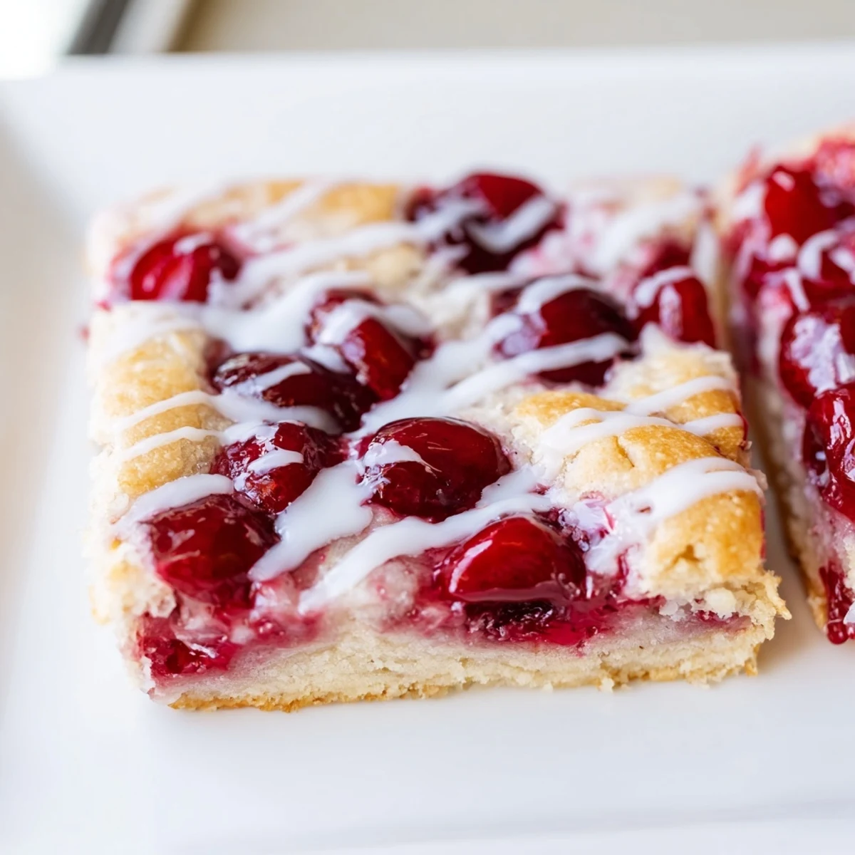 Golden baked Easy Cherry Pie Bars with a luscious red cherry filling peeking through a crumbly, buttery crust on a white plate.