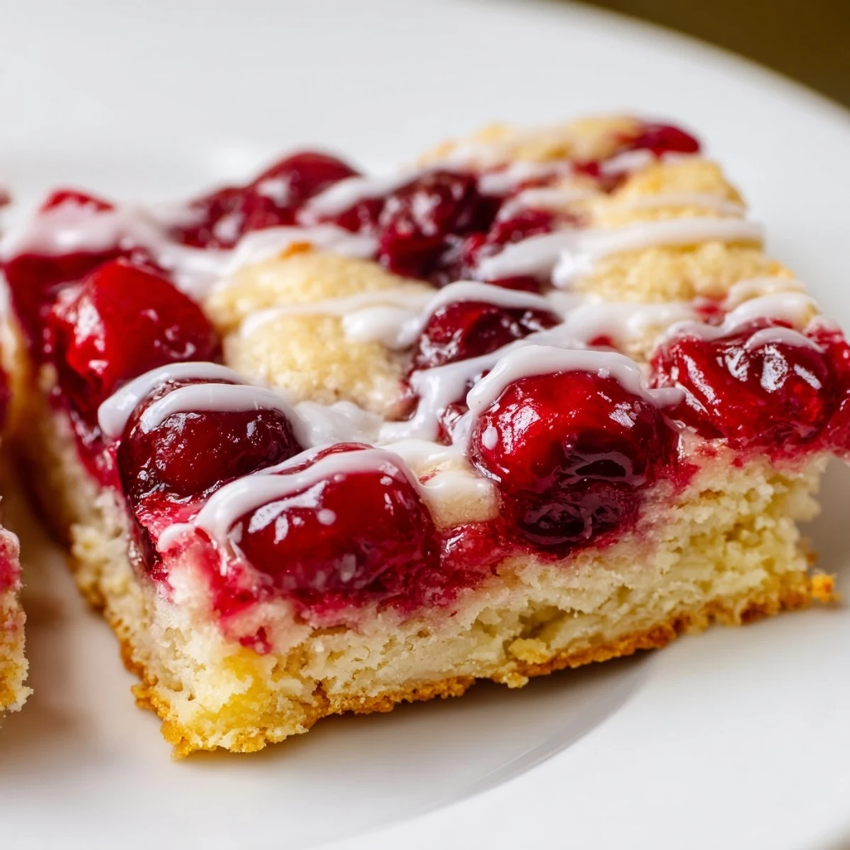 Freshly baked Easy Cherry Pie Bars with a golden lattice top and bright red cherry filling, ready to serve on a cooling rack.