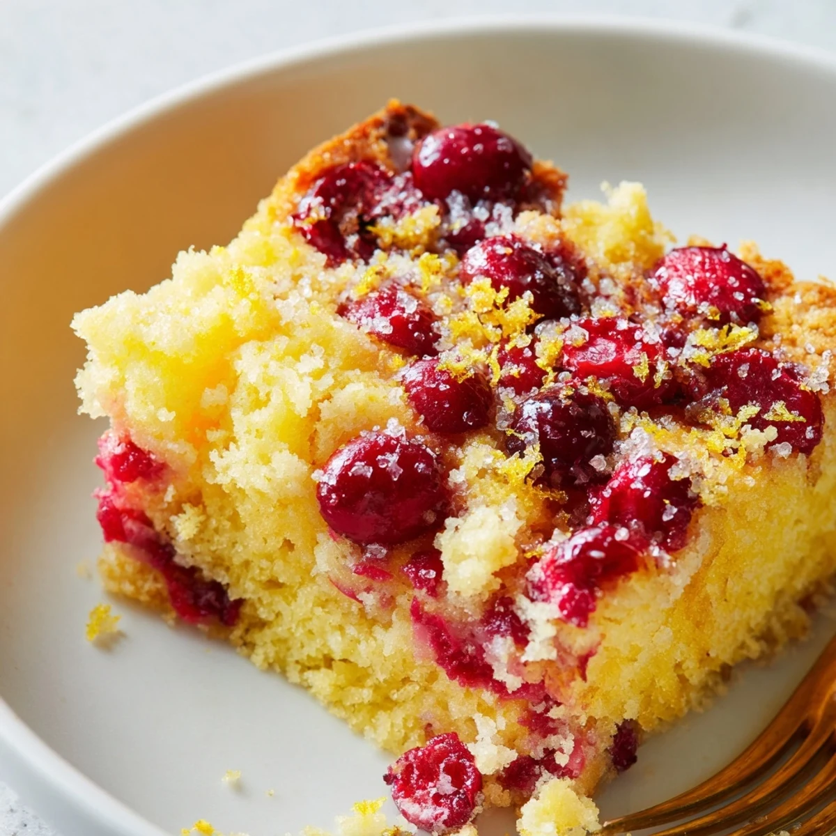 A slice of cranberry cake reveals a tender interior and orange zest topping beside fresh cranberries.