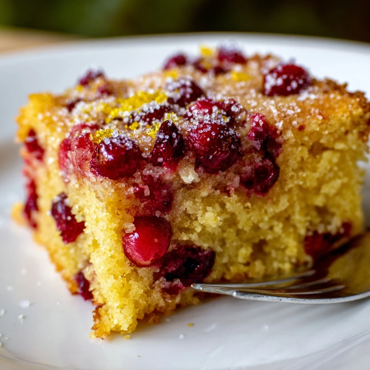 Moist cranberry cake with tart red berries and a golden buttery crumb on a white plate.