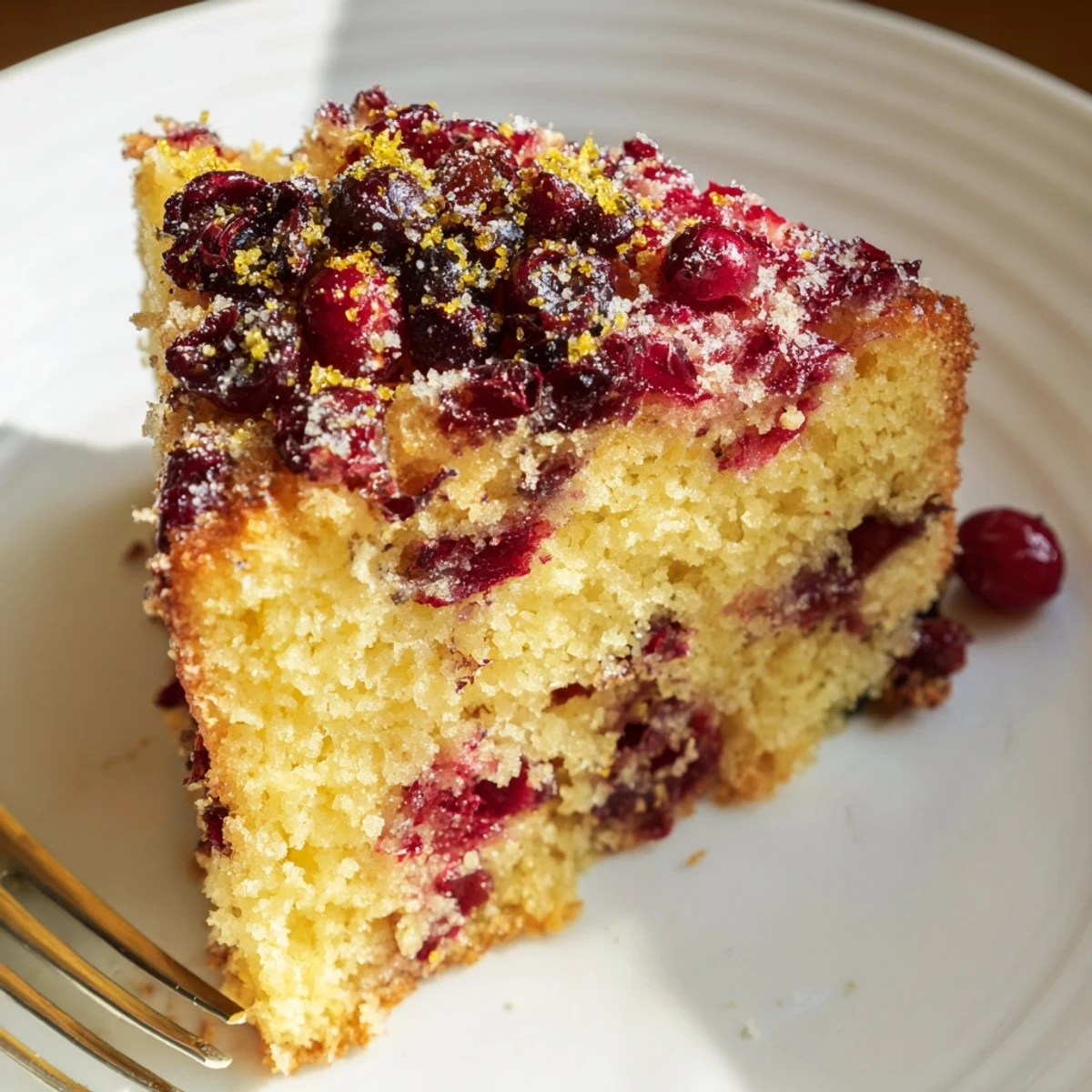 Homemade cranberry cake served warm with whipped cream, showcasing a moist crumb and vibrant berry pieces.