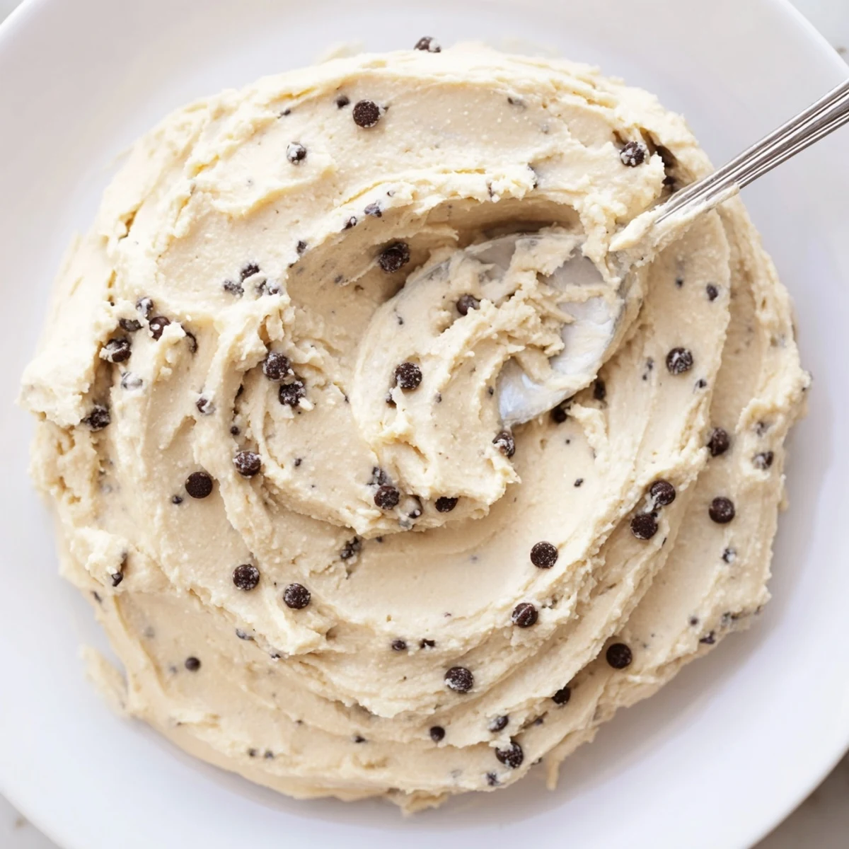 A bowl of homemade Cookie Dough Frosting featuring soft butter, brown sugar, and mini chocolate chips, ideal for frosting cupcakes or filling whoopie pies.