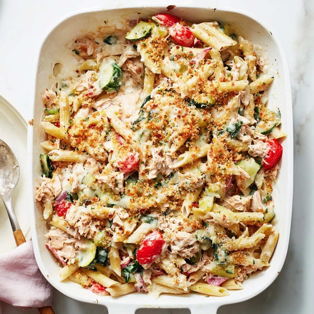 Golden, bubbling Lactose-Free Tuna and Veggie Pasta Bake fresh from the oven, ready to serve.