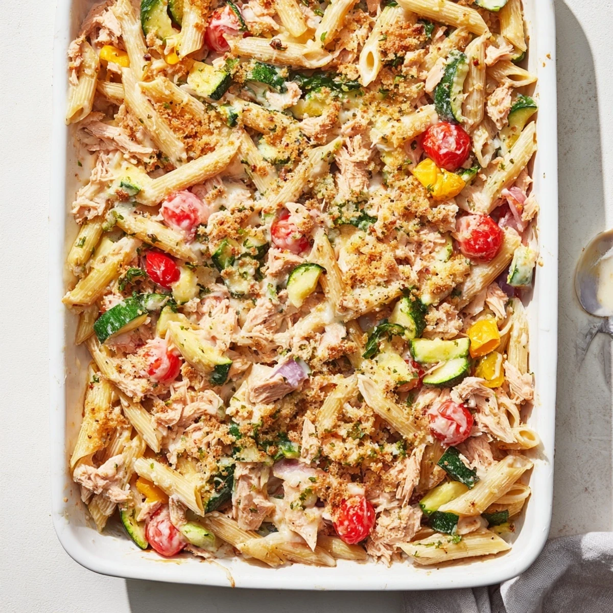 Creamy Lactose-Free Tuna and Veggie Pasta Bake with colorful vegetables in a baking dish.