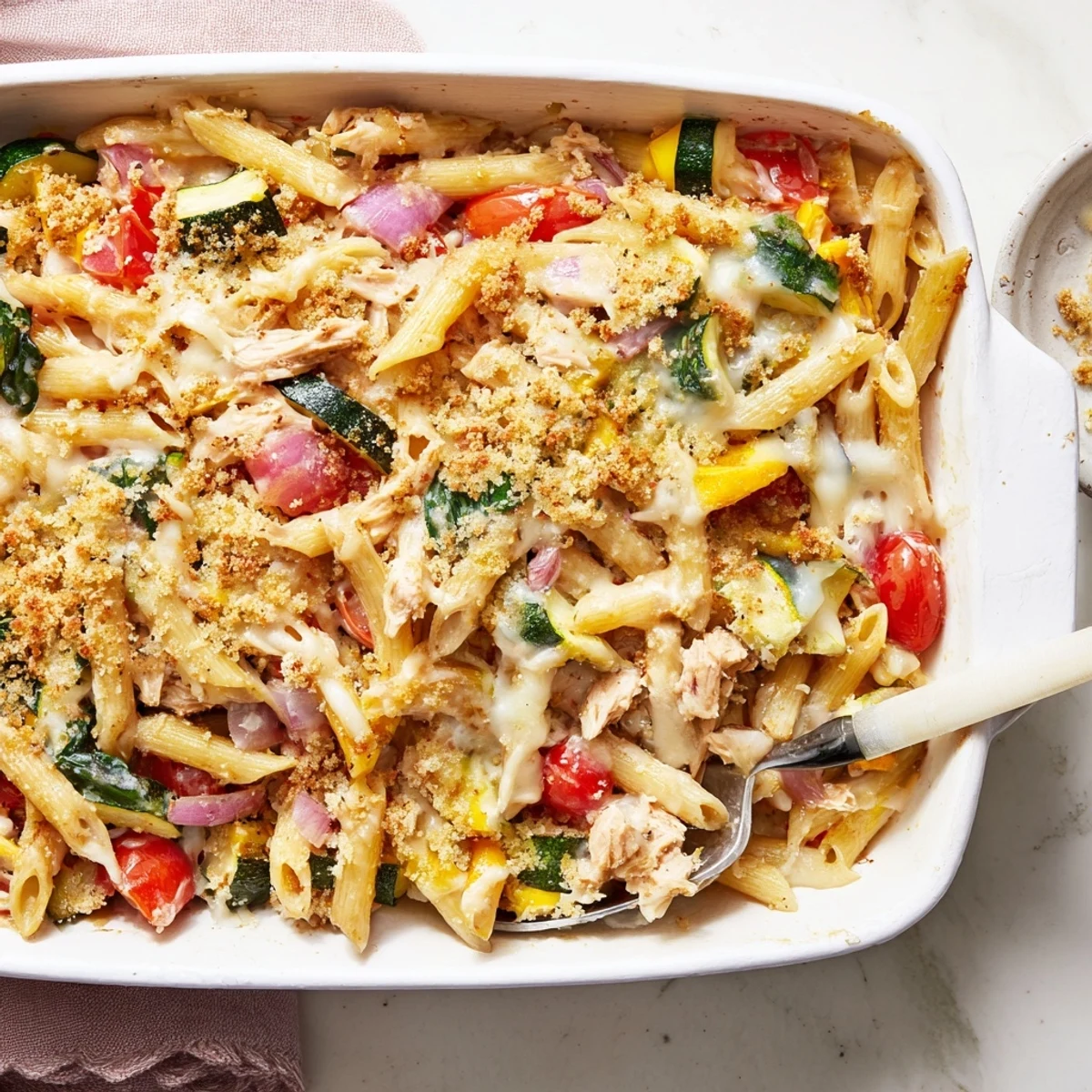 A comforting slice of Lactose-Free Tuna and Veggie Pasta Bake paired with a crisp green salad.