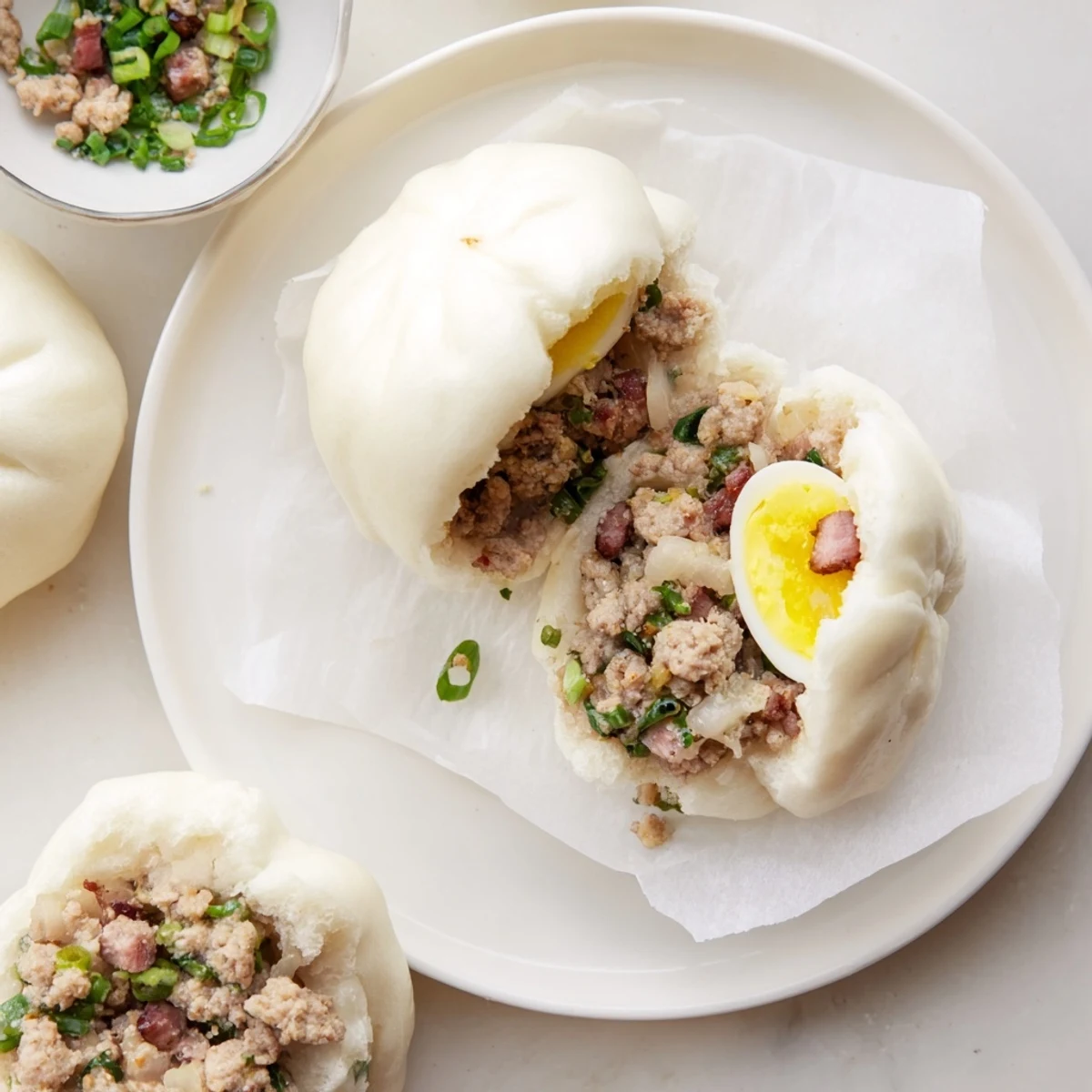 Steamed Banh Bao buns are arranged on a bamboo steamer, showing their soft white dough and warm, appetizing steam.
