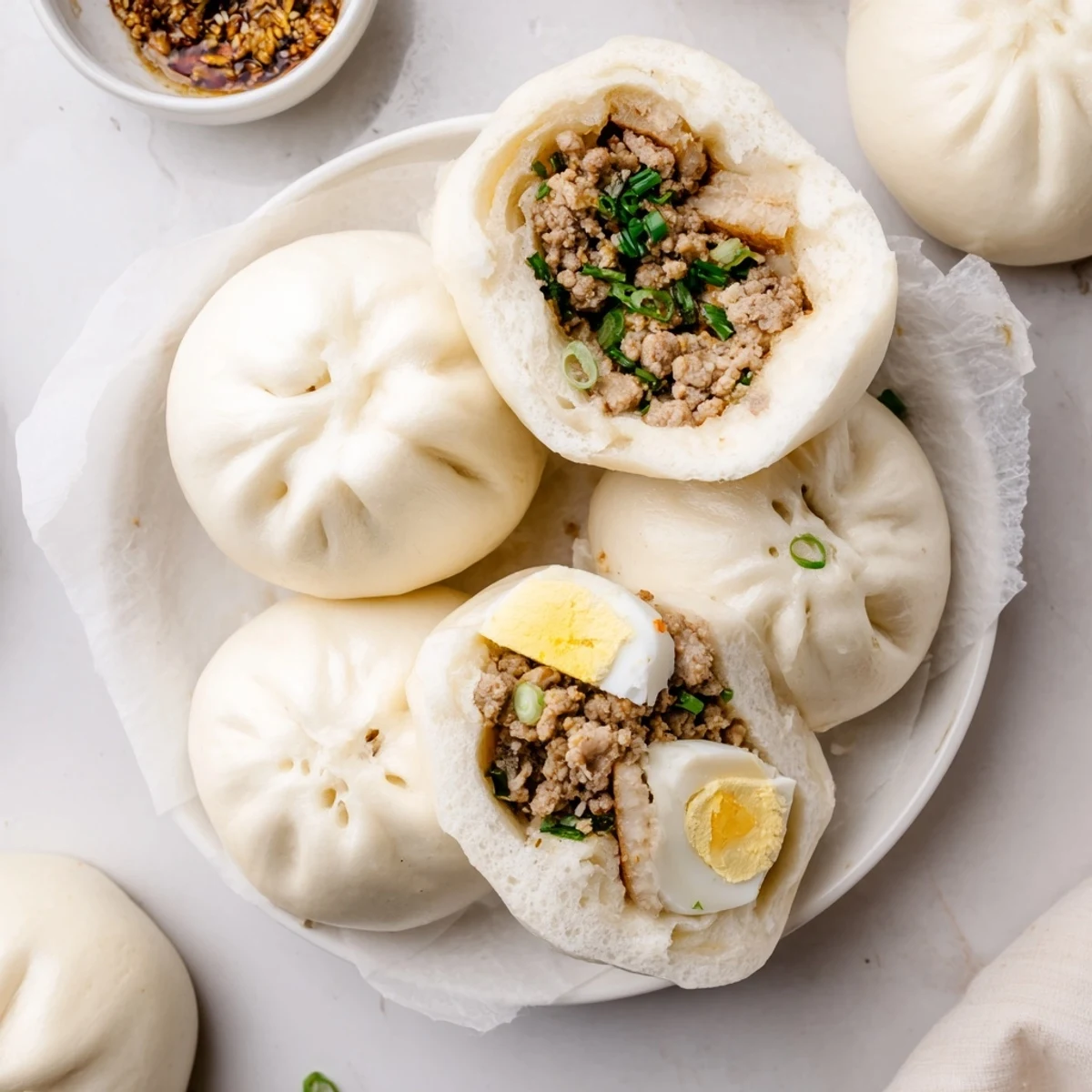 Freshly cooked Banh Bao buns are served on a plate with a side of chili dipping sauce for extra flavor.