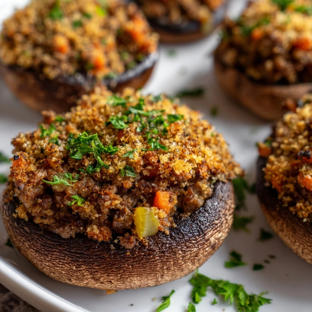 Golden-baked Savoury Mince Stuffed Mushrooms with a crispy breadcrumb topping sit ready to serve on a rustic wooden board.