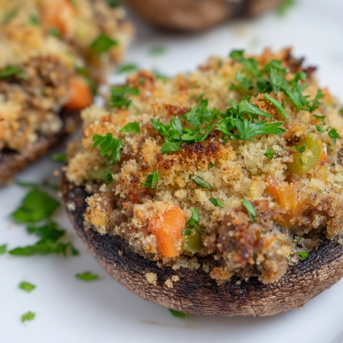 Close-up of Savoury Mince Stuffed Mushrooms showing the savory filling and toasted parsley breadcrumbs, plated for an appetizer.