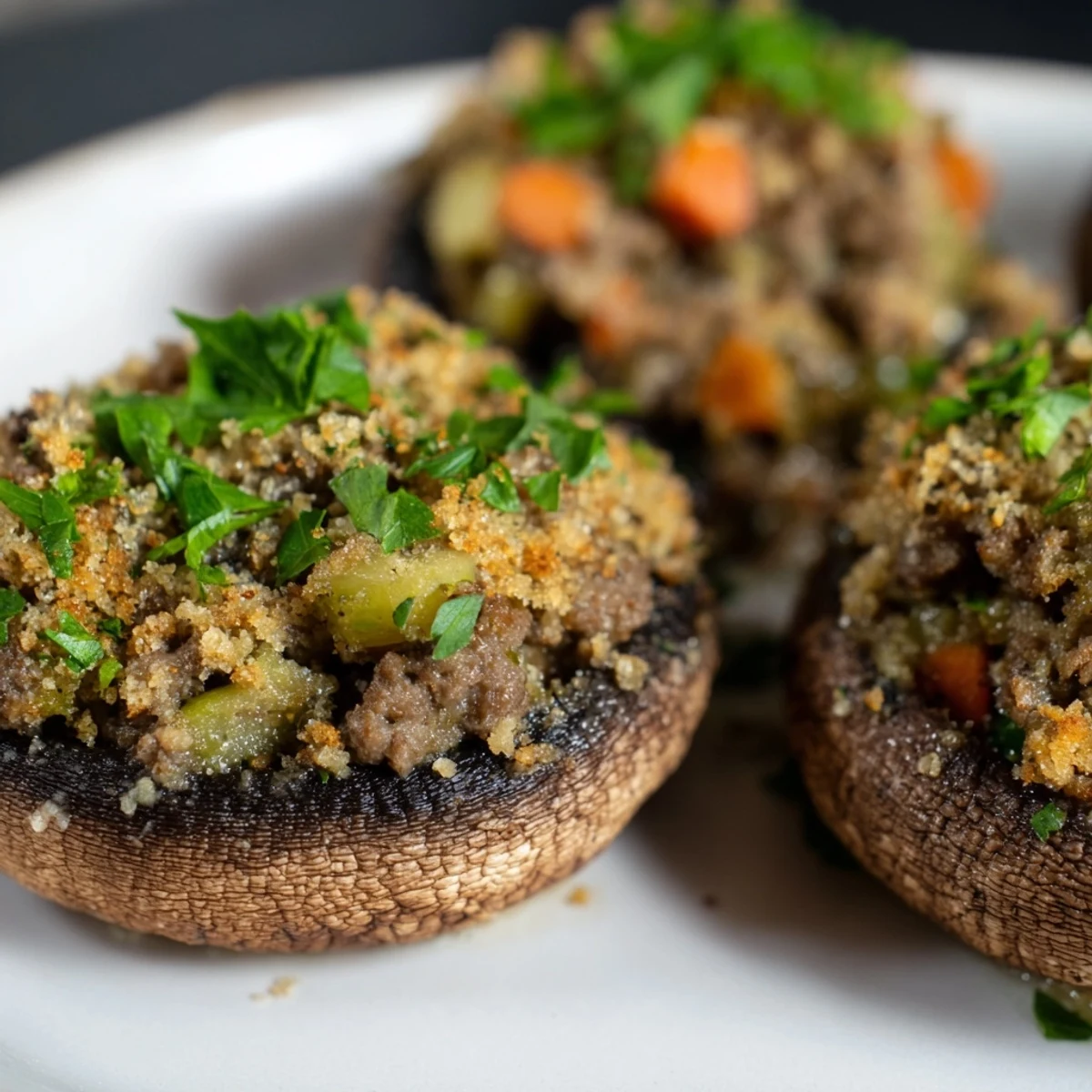 Juicy Savoury Mince Stuffed Mushrooms filled with herbed beef and vegetables are presented on a white ceramic platter.